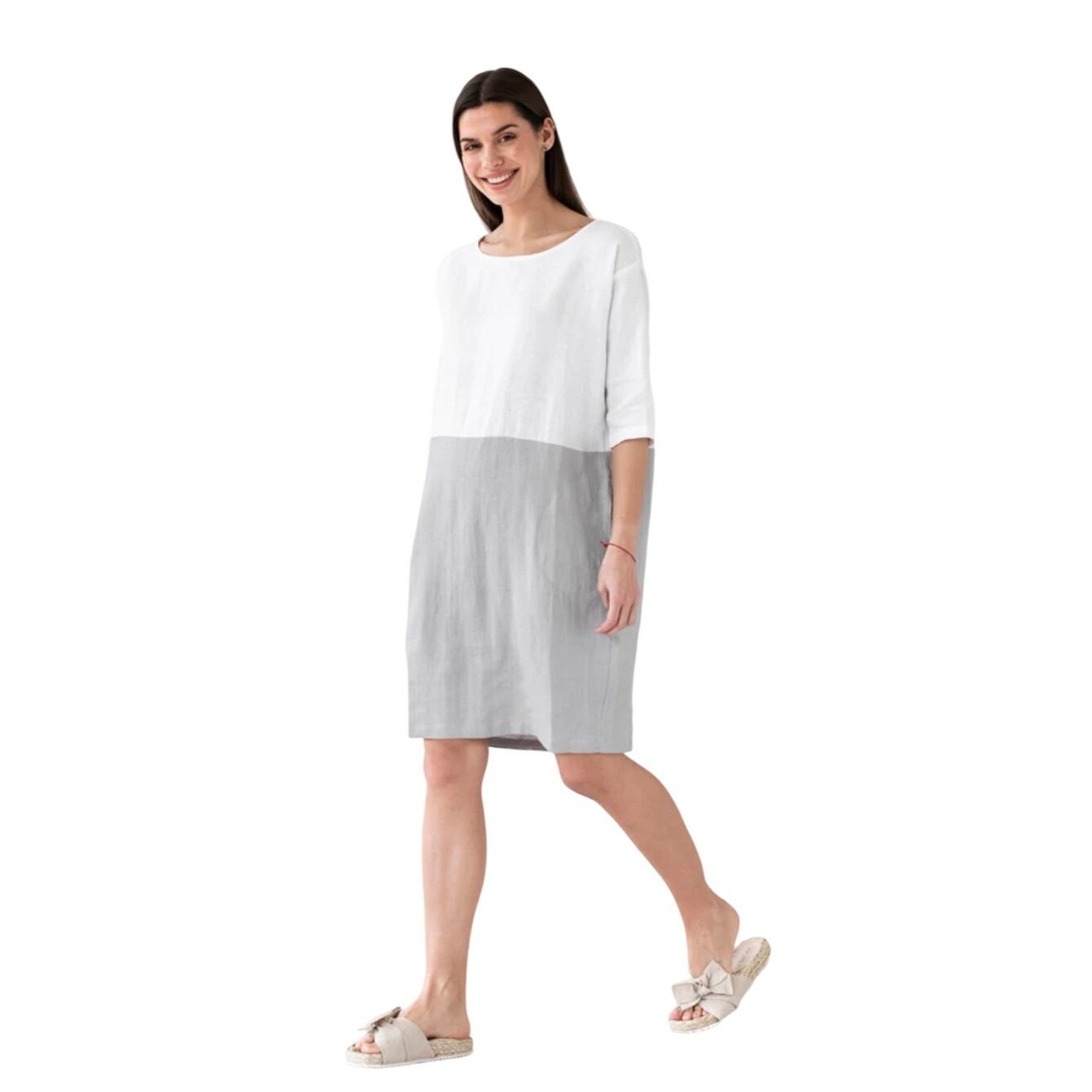 Magiclinen Adria Color-Block Linen Dress White Gray Xl Relaxed Fit Pocketed — image 2 of 8